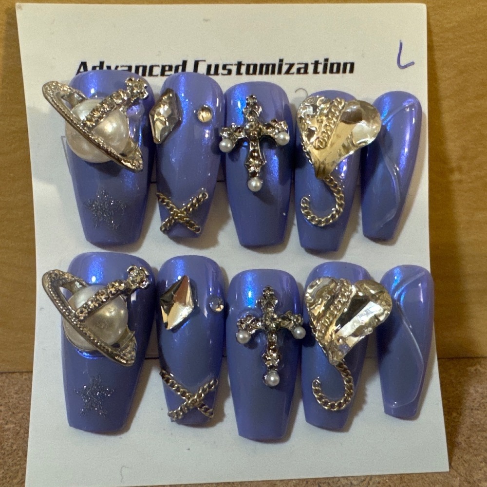 Periwinkle Blue 3D Charm Press On Nails Coffin Y2K Saturn Size L